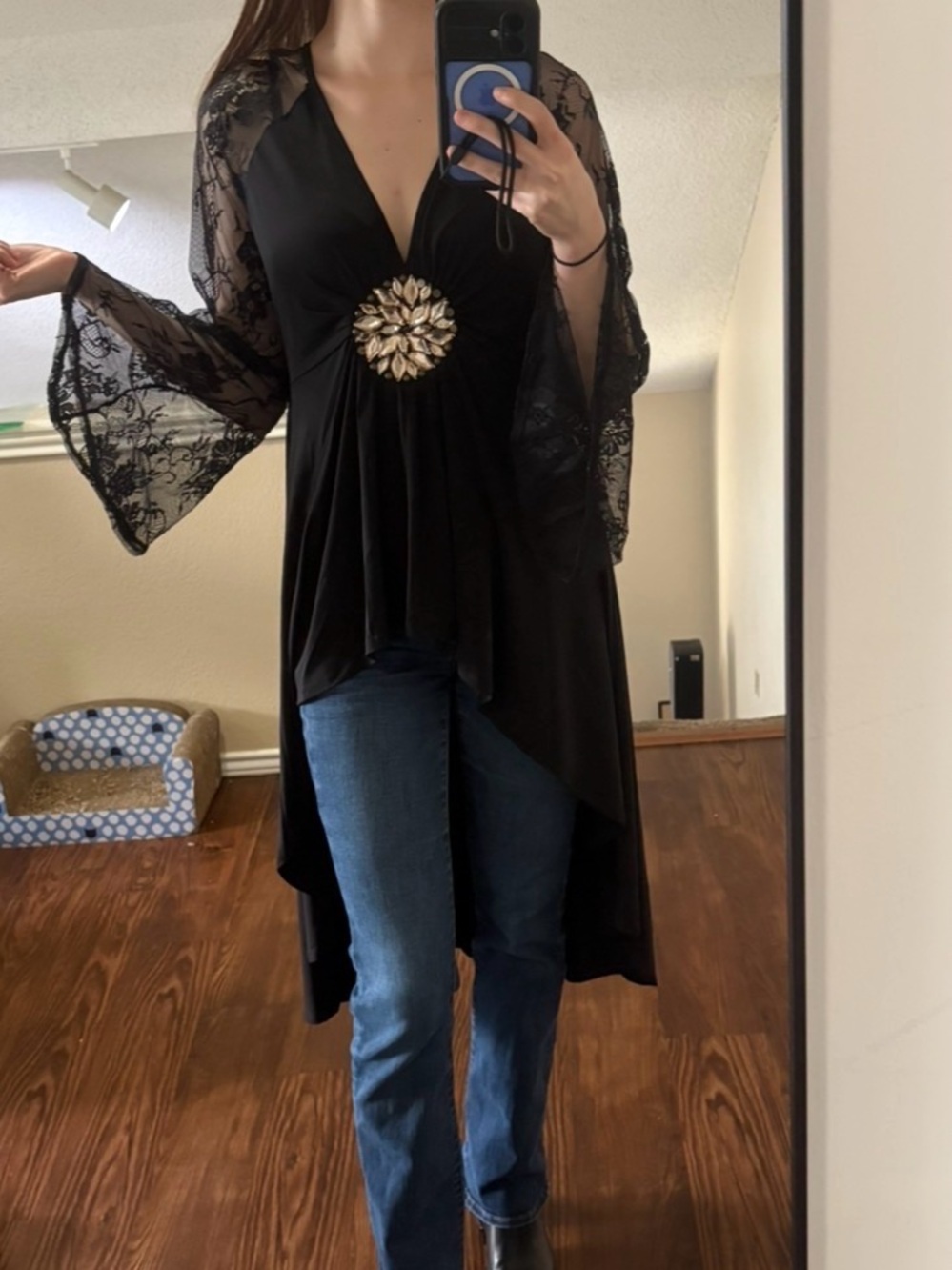 VENUS Black Dress with Gold Jewel Brooch